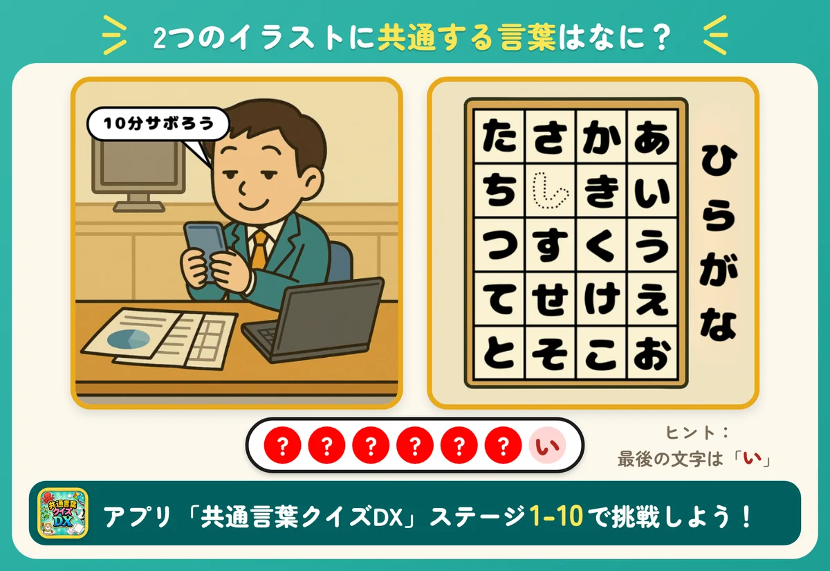 2つのイラストと7個の丸。共通する言葉を当てる問題。