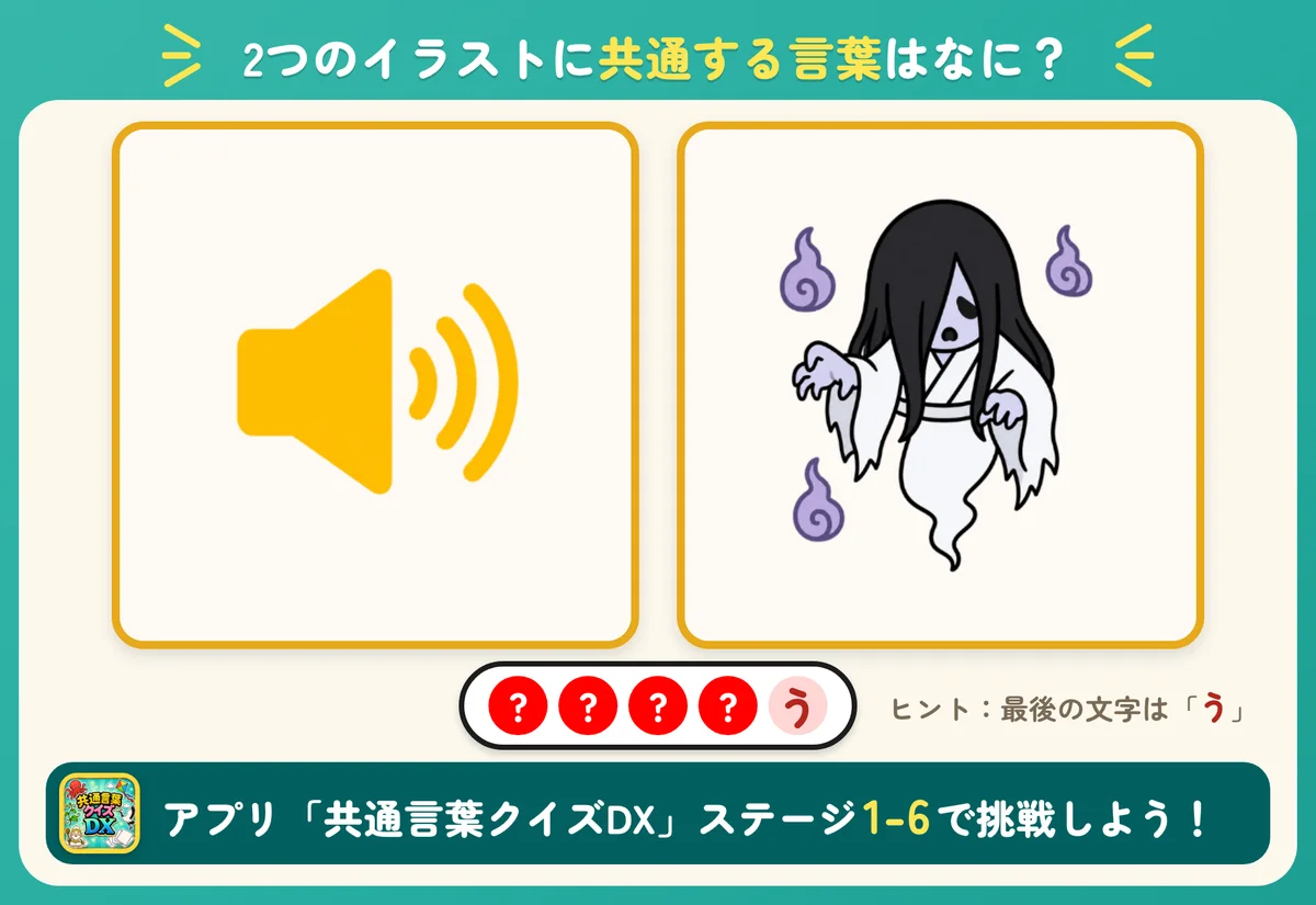2つのイラストと5個の丸。共通する言葉を当てる問題。