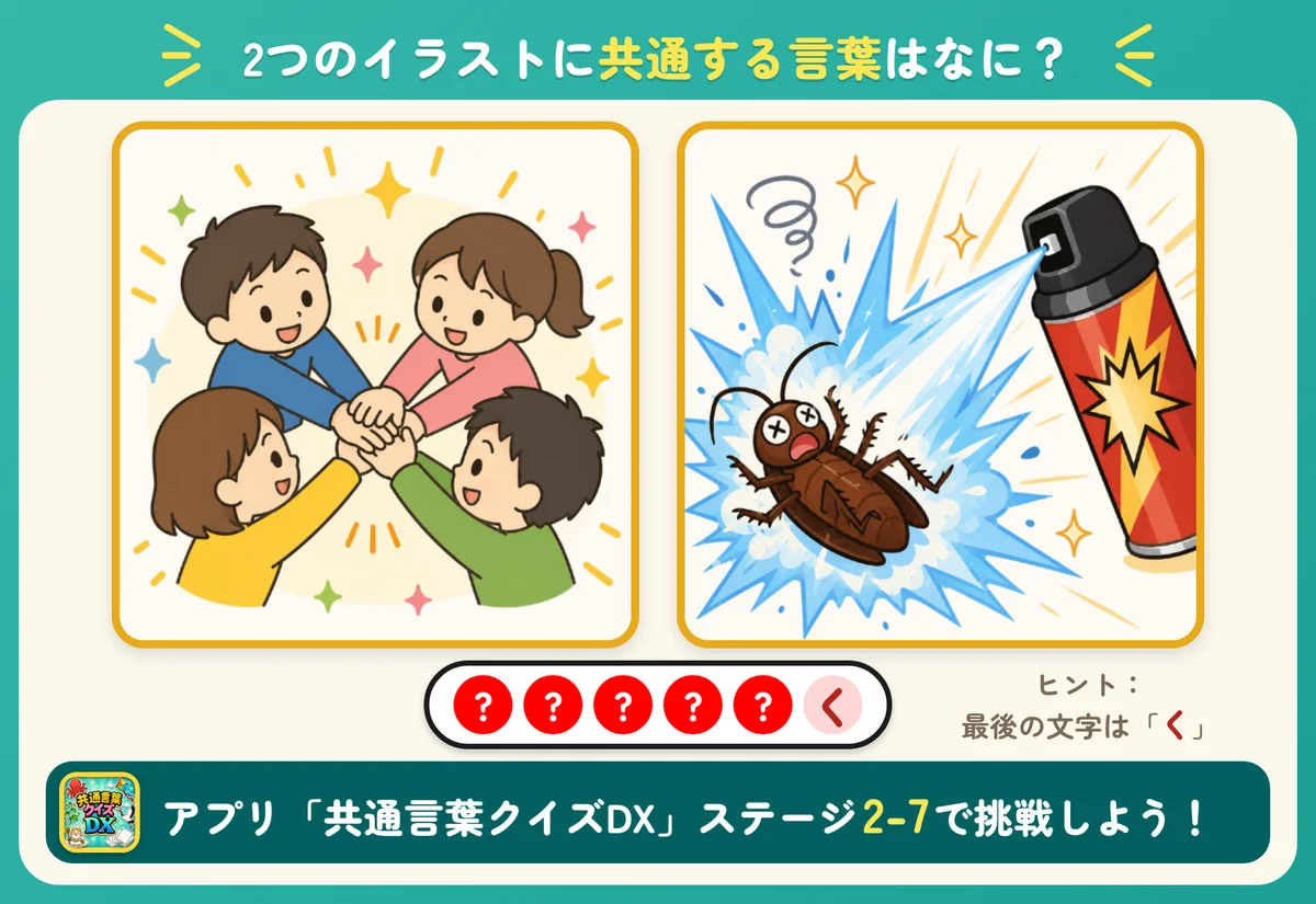 2つのイラストと6個の丸。共通する言葉を当てる問題。