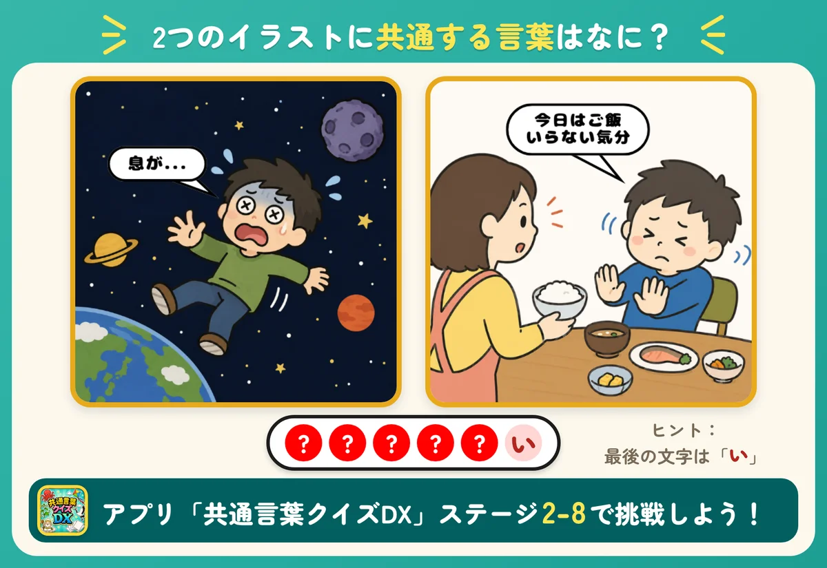 2つのイラストと6個の丸。共通する言葉を当てる問題。