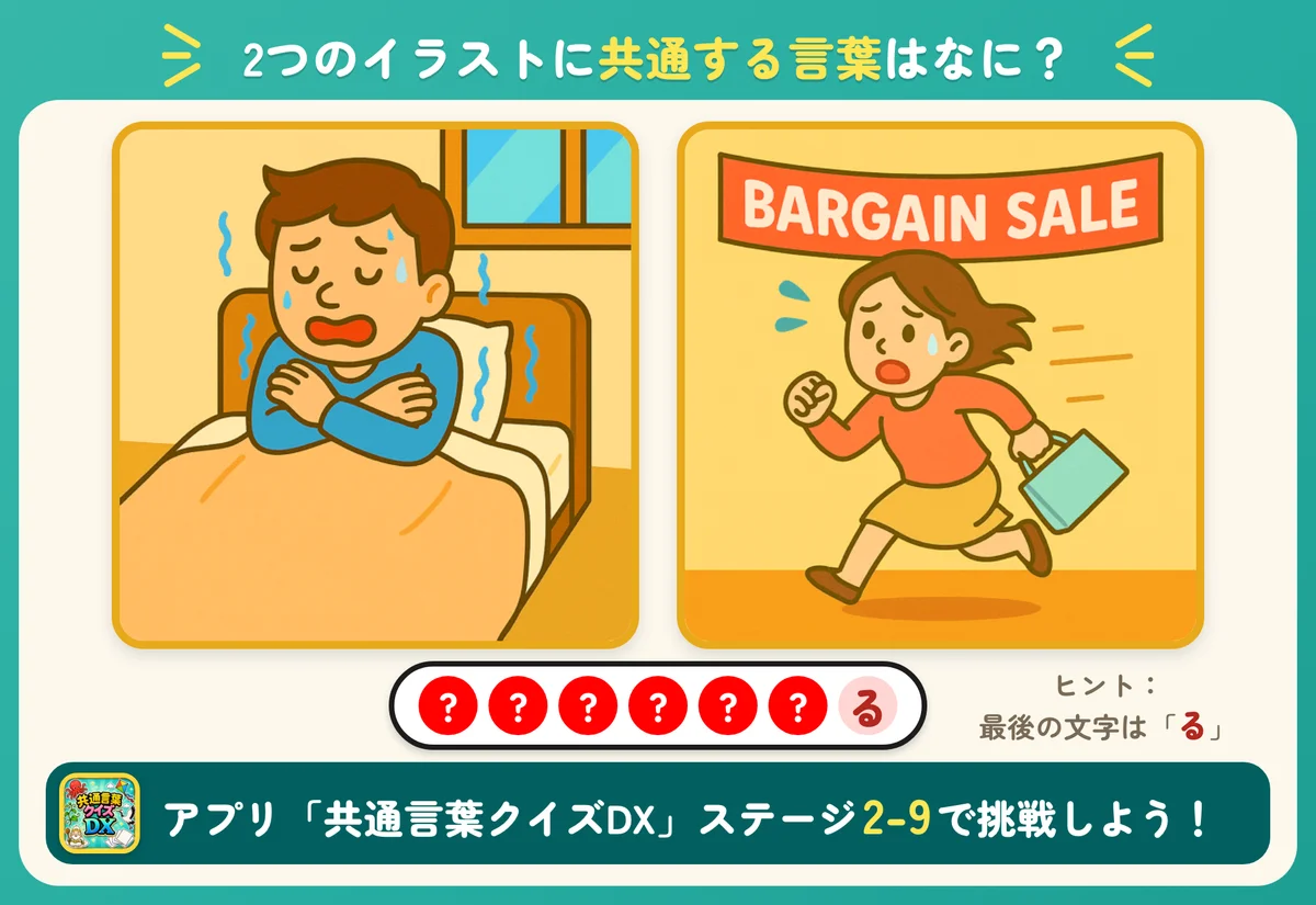 2つのイラストと7個の丸。共通する言葉を当てる問題。