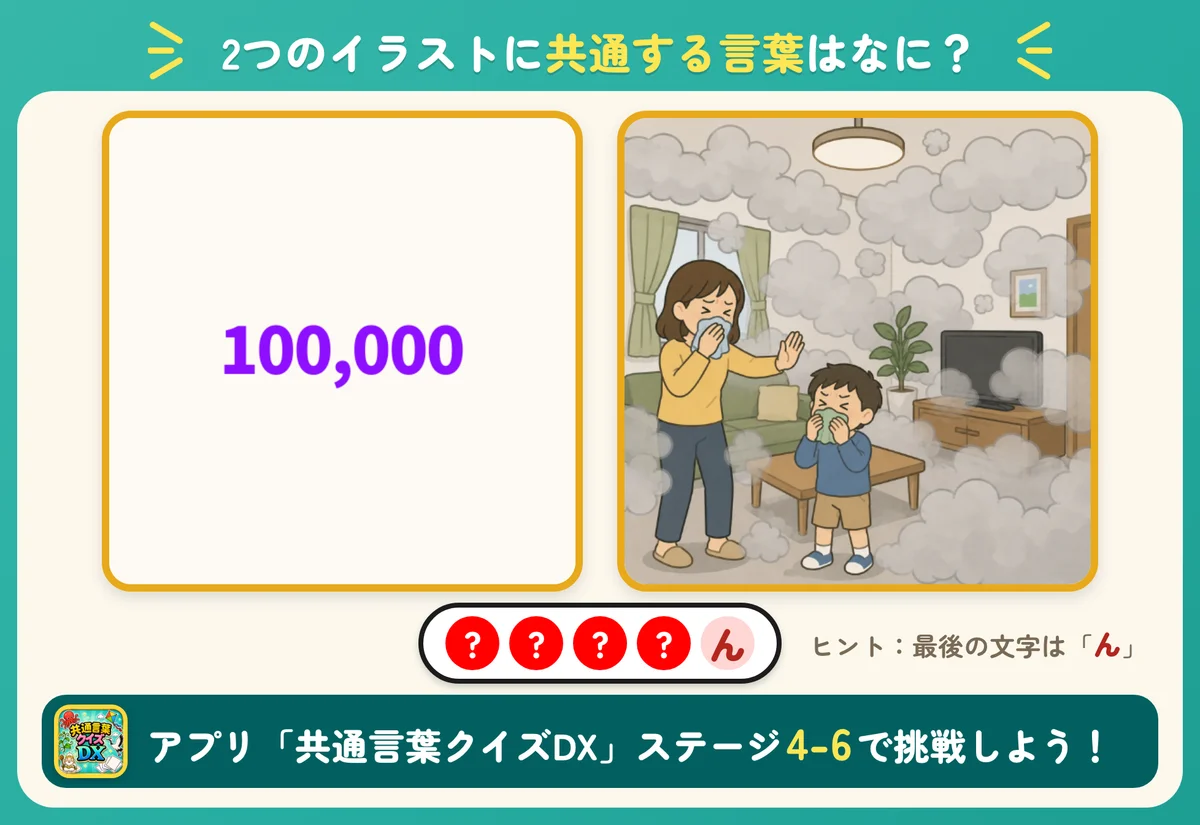 2つのイラストと5個の丸。共通する言葉を当てる問題。