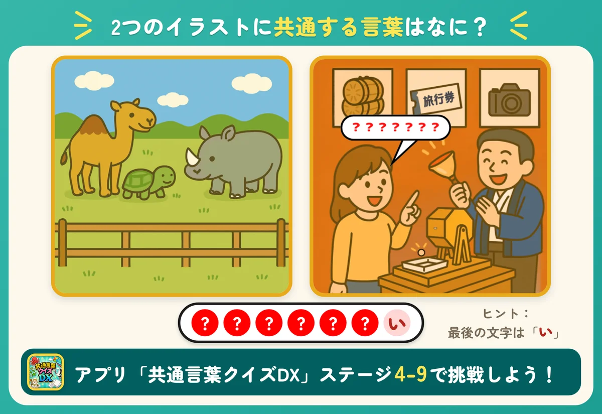 2つのイラストと7個の丸。共通する言葉を当てる問題。