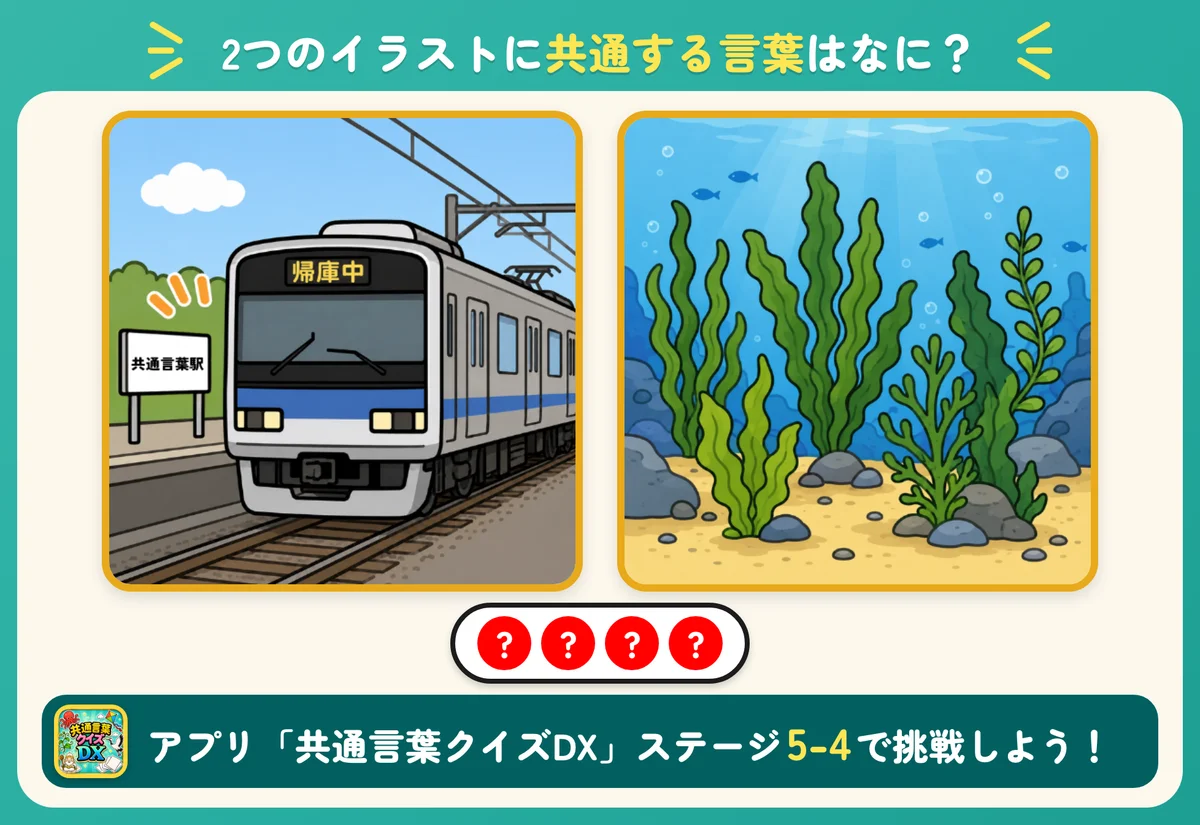 2つのイラストと4個の丸。共通する言葉を当てる問題。